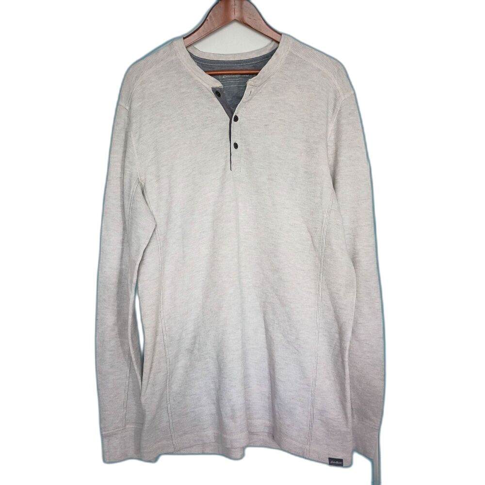 Eddie Bauer Thermal Waffle Knit Henley L Tall Oatmeal Heather Y2K 90s Gorpcore